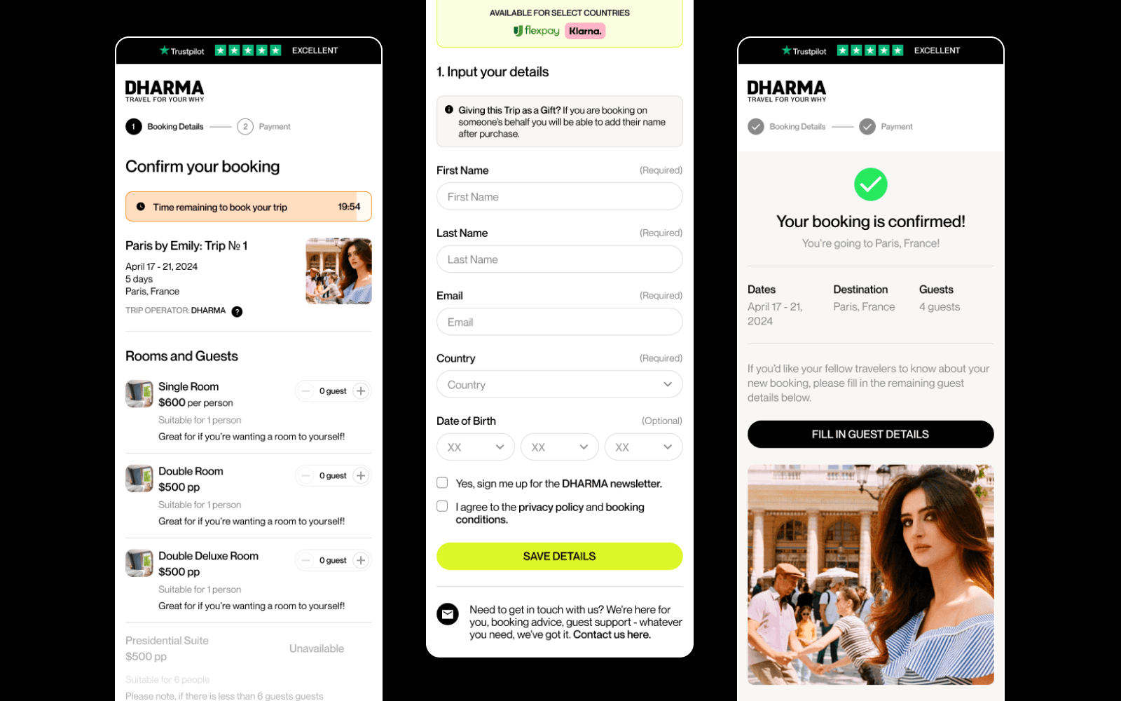 Screens of the trip booking flow on the DHARMA Marketplace on a mobile phone, designed by Oryzon Studio.