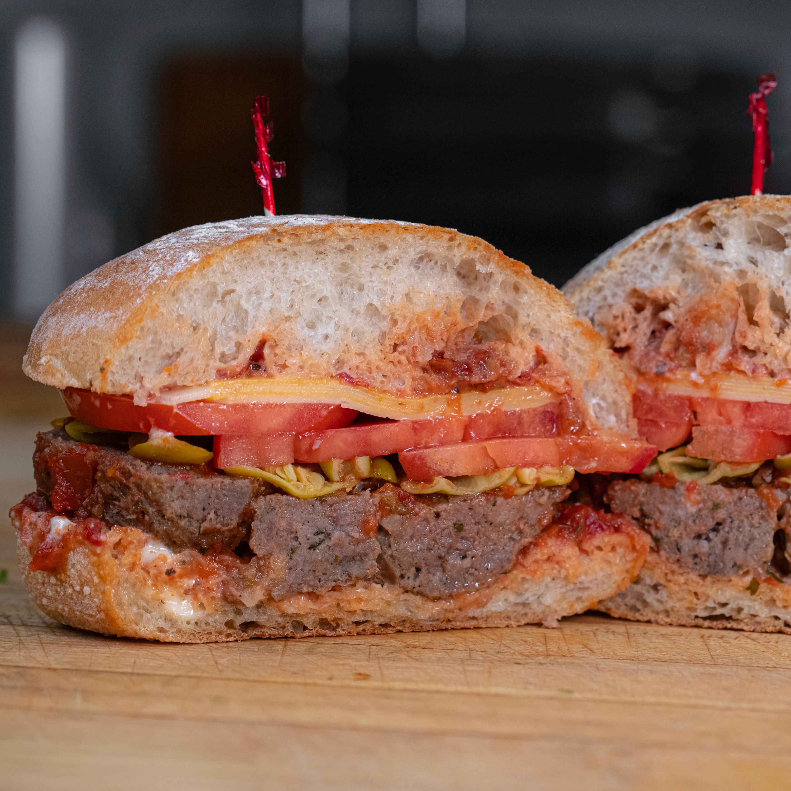 Sampino's meatball sandwich on a ciabatta roll