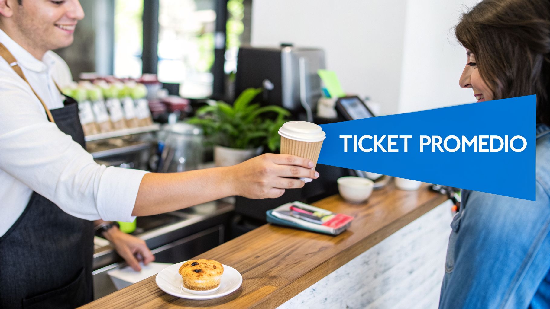 Barista sonriente entrega café para llevar a una clienta feliz en una cafetería, con un pastel en el mostrador.
