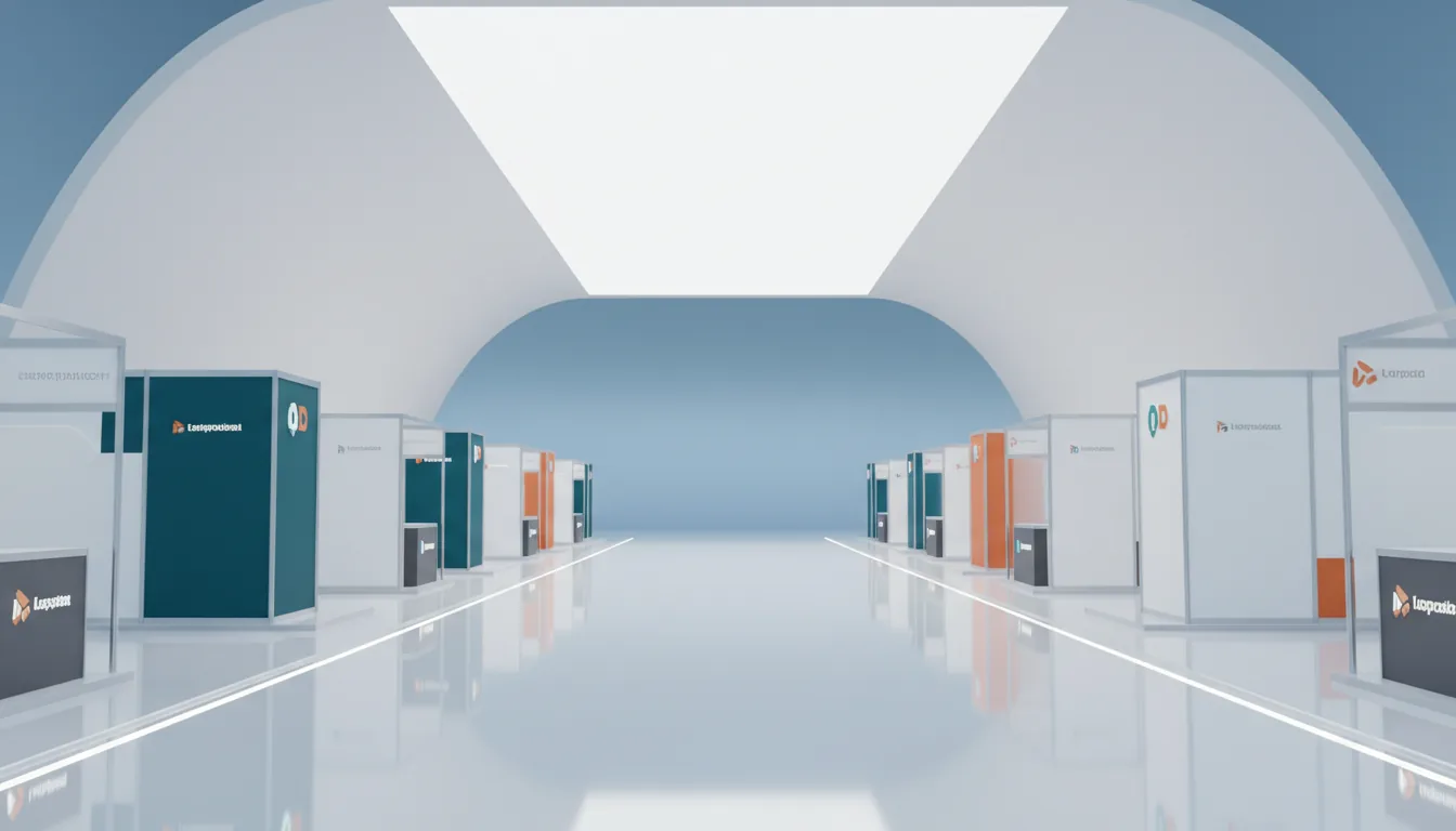 3D render of a futuristic virtual exhibition hall, eye-level perspective looking down a wide, polished white walkway. The highly reflective floor is inlaid with thin, glowing white light strips. On either side, minimalist geometric booths with matte finishes display abstract corporate branding and placeholder text in colors of deep teal, orange, and white. A massive curved architectural structure frames the bright, glowing white ceiling. The background is a clean, minimalist blue gradient horizon, creating a sense of infinite space. Soft global illumination, clean reflections, Blender style.