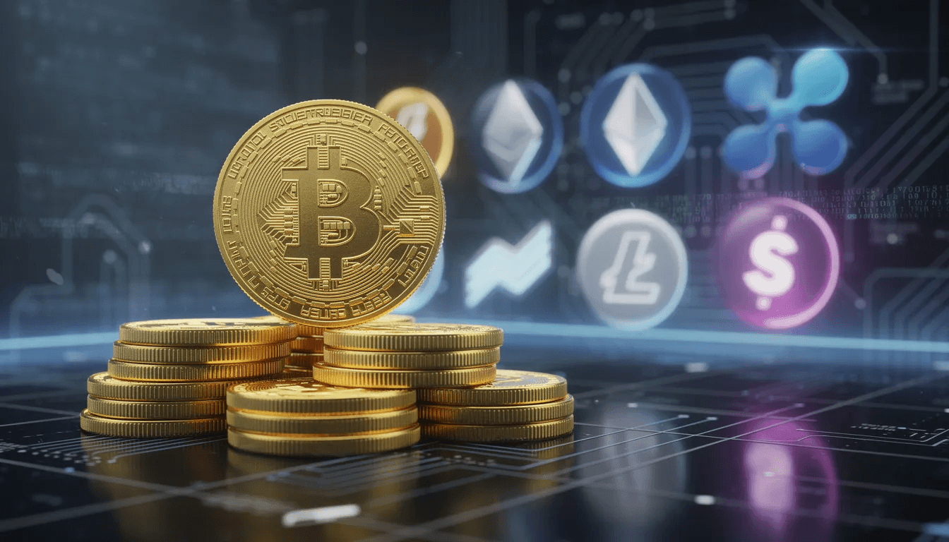 The image features a stack of golden Bitcoin coins alongside various cryptocurrency symbols, set against a digital background that reflects the dynamic nature of the crypto space. This visual representation highlights the importance of blockchain technology and digital assets in the ever-evolving cryptocurrency landscape.