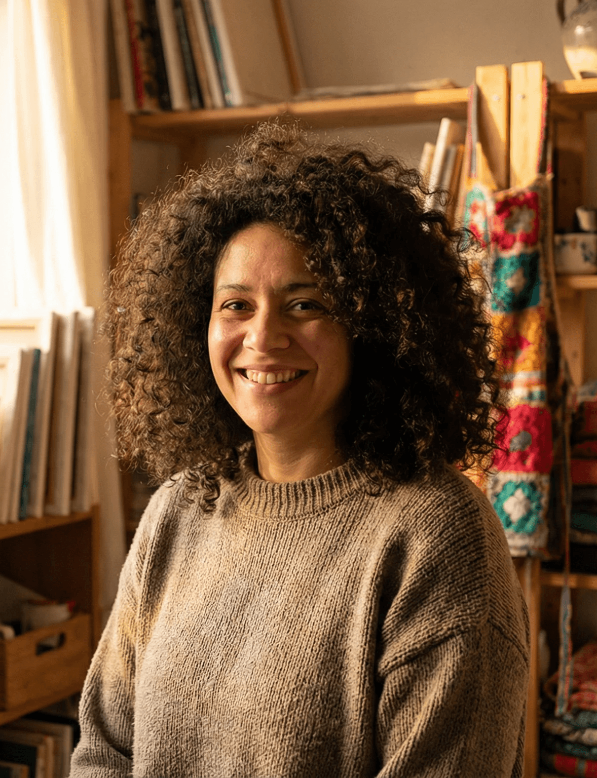 Testimonial card displaying a woman with curly hair in a creative studio, sharing a review about professional and on-brand content editing, with a four-star rating.