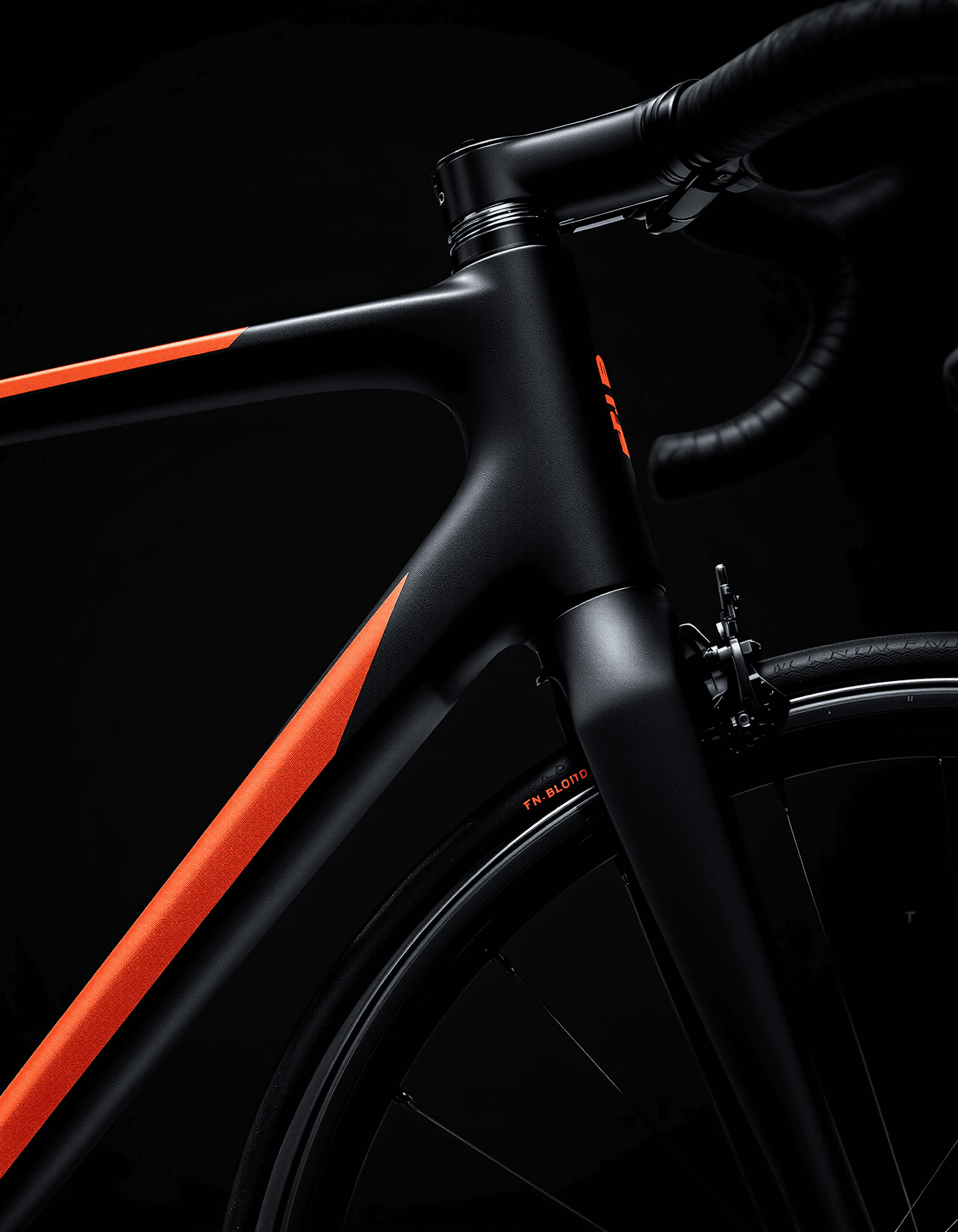 Professional carbon racing bike presentation with sleek typography and grid layout.
