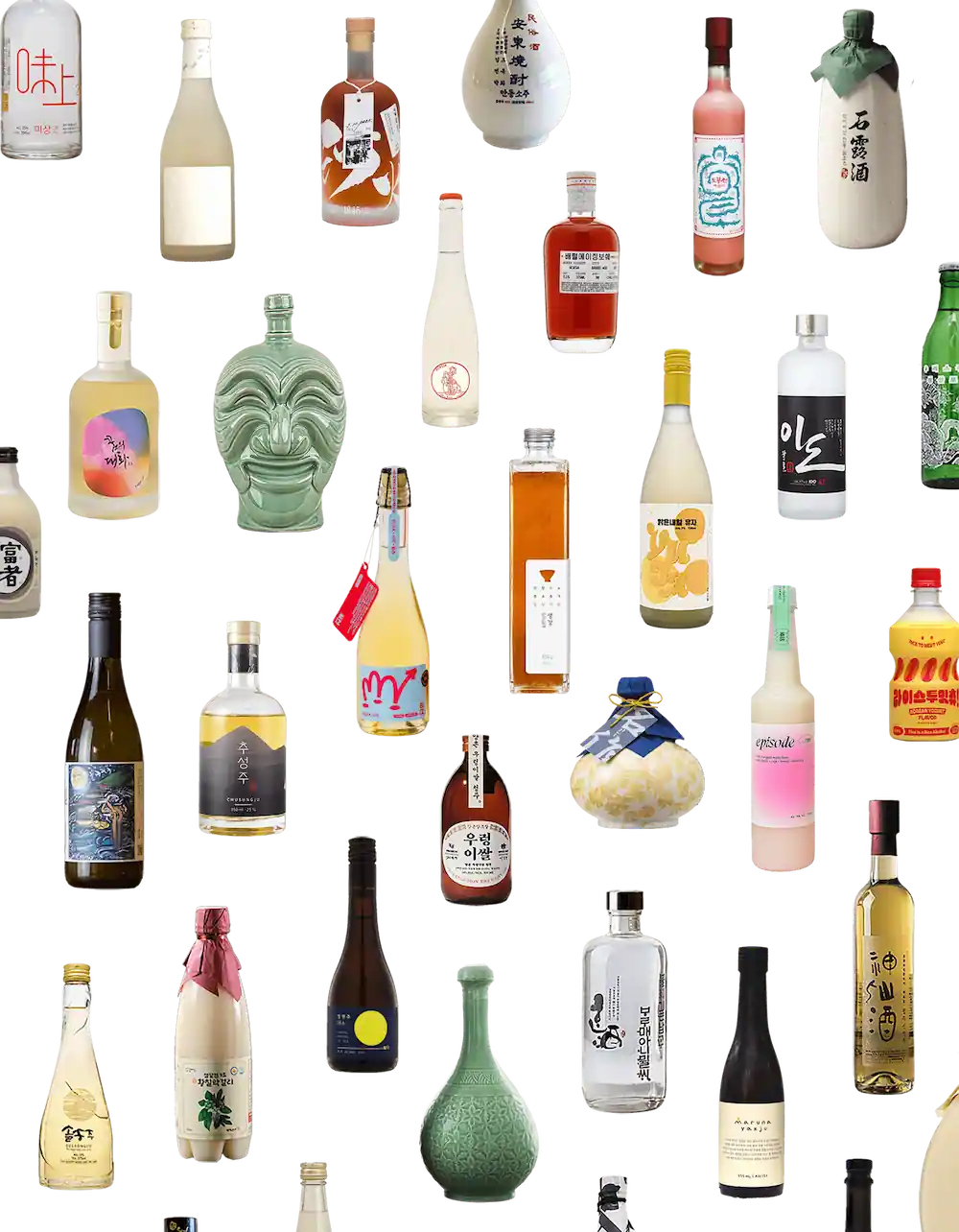 Colorful bottles of Korean liquor in different shapes and sizes