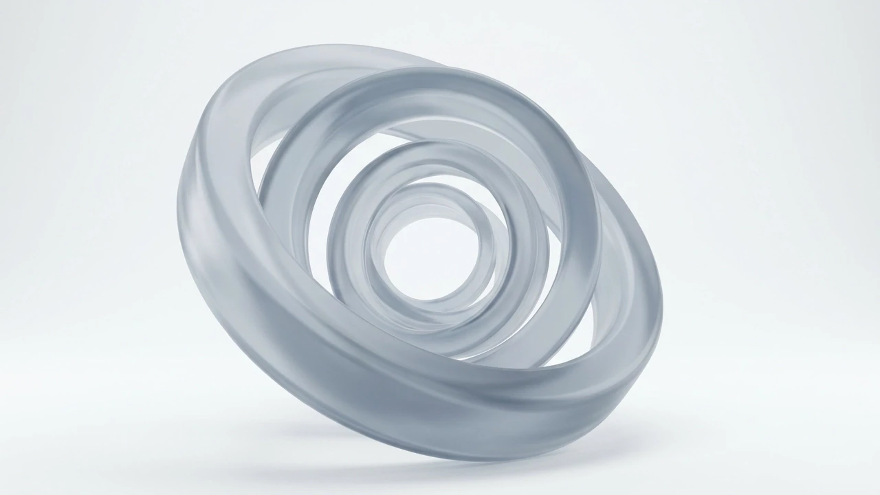 A minimalist 3D render of interlocking translucent glass rings floating on a clean white background, symbolizing strategic conversion and ROI-driven layouts.