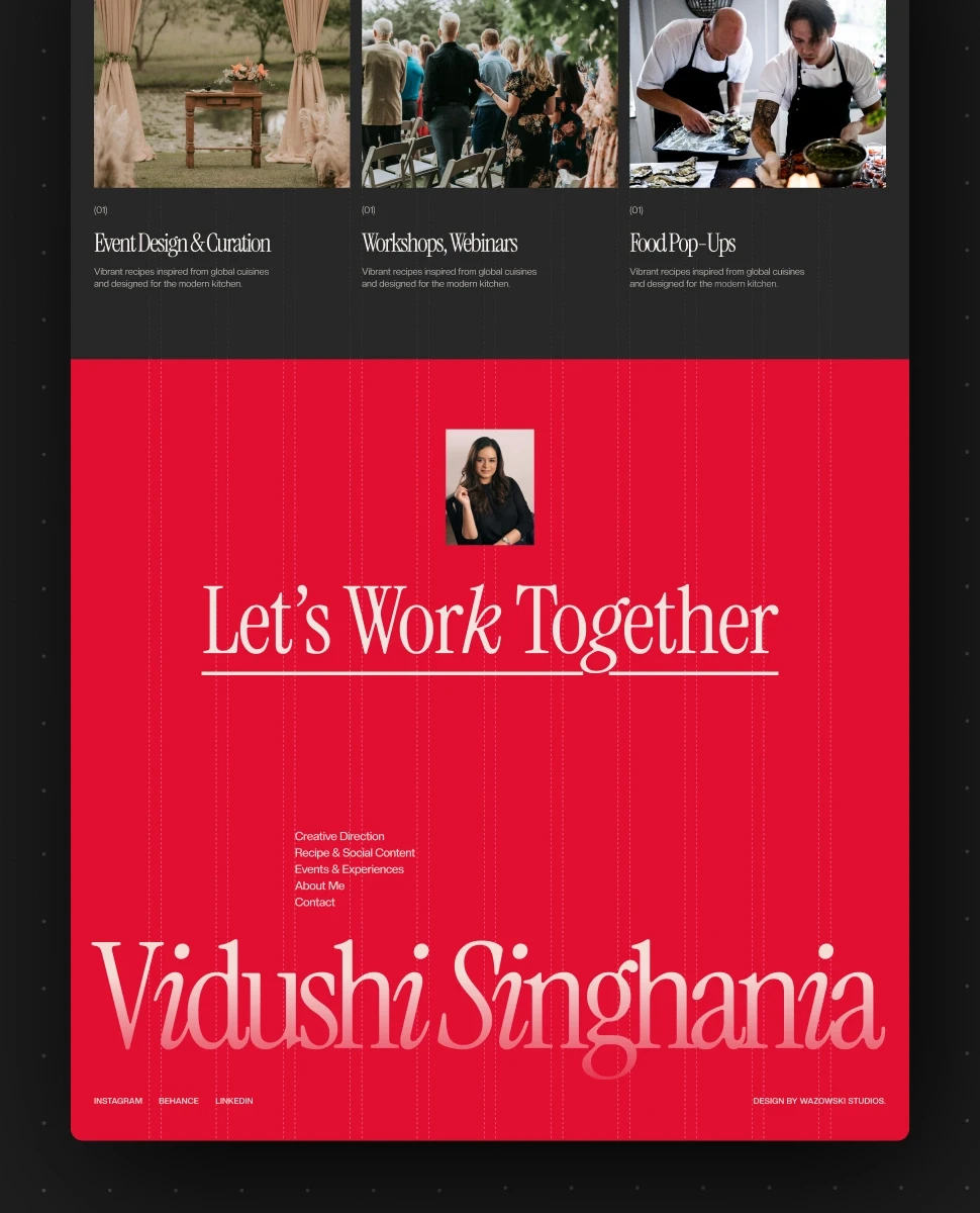 Vidushi Singhania’s event, workshop, and food pop-up services page with a red contact section.