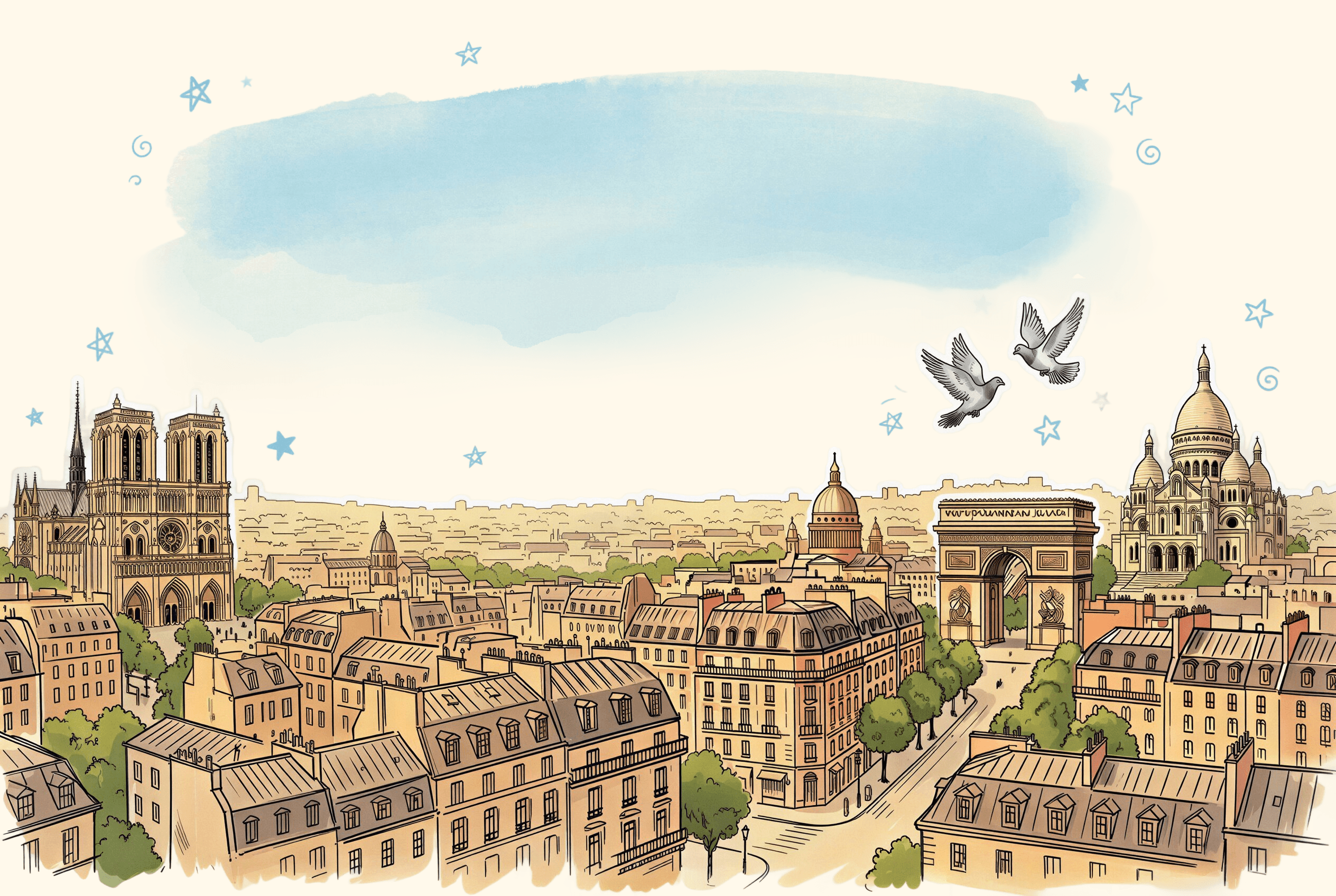 A panoramic illustrated Paris cityscape with Notre-Dame, Arc de Triomphe and Sacré-Cœur, a watercolor sky in the center, two pigeons flying and blue doodle stars scattered around, cream background.