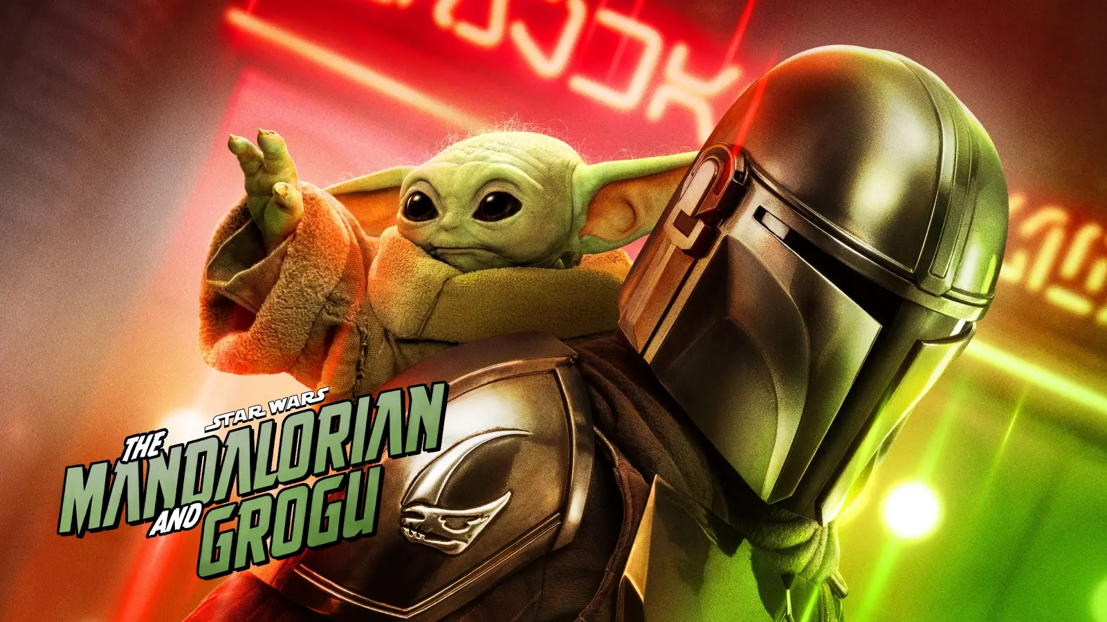 A futuristic scene from "The Mandalorian Grogu movie" featuring a metallic-armoured figure holding a small, green alien creature named Grogu, with vibrant neon signage glowing in the background.