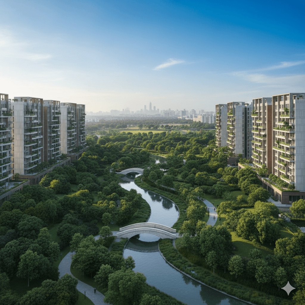 Residential towers surrounded by extensive green landscape at Smart World, Sector 75, Gurugram