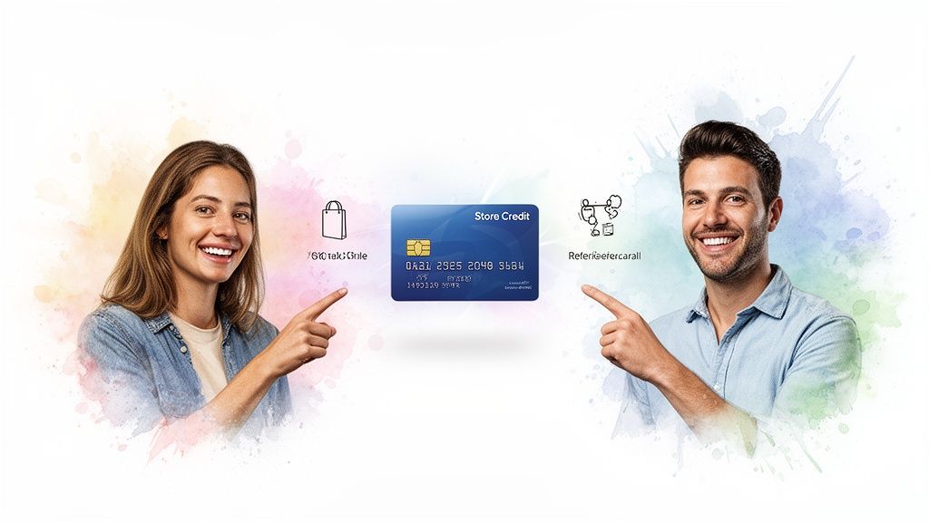 Two smiling people pointing to a 'Store Credit' card, symbolizing shopping and referral benefits.