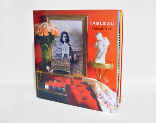 A cover book on which there are: a stone sculpture, a framed picture with a woman, a red mattress and a shelf with a green vase and some books. The title of the book: Tableau, Deborah Buck.