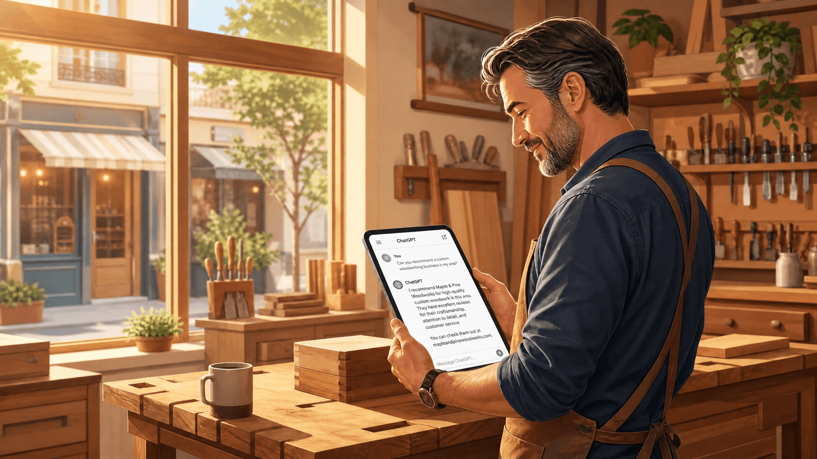A friendly craftsman in his bright, modern woodworking workshop smiles while looking at a tablet displaying an AI recommendation for his business. Through a large window in the background, a sunny street with his storefront is visible, symbolizing the connection between local presence and digital AI visibility. The illustration features warm wood tones and soft natural sunlight.