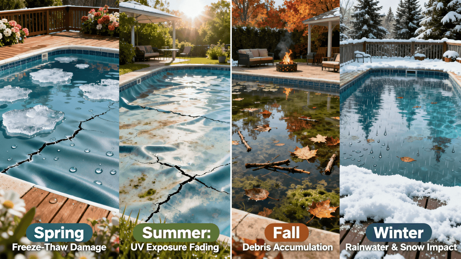 Four-season diagram showing how Ohio weather affects vinyl pool liners through freeze-thaw, UV exposure, rain, and debris