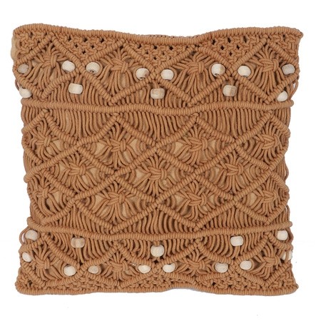 Brown handwoven macrame cushion cover with decorative shell accents