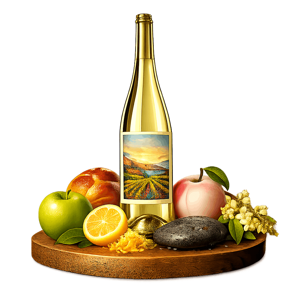 Artistic label and flavor profile for Crimean Sparkling Wine on a rustic wooden table.