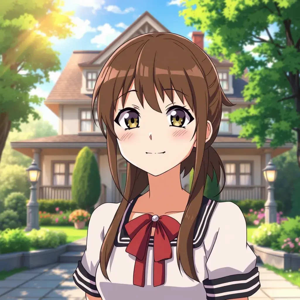 A female character from an anime school in the park. Generated by AI.