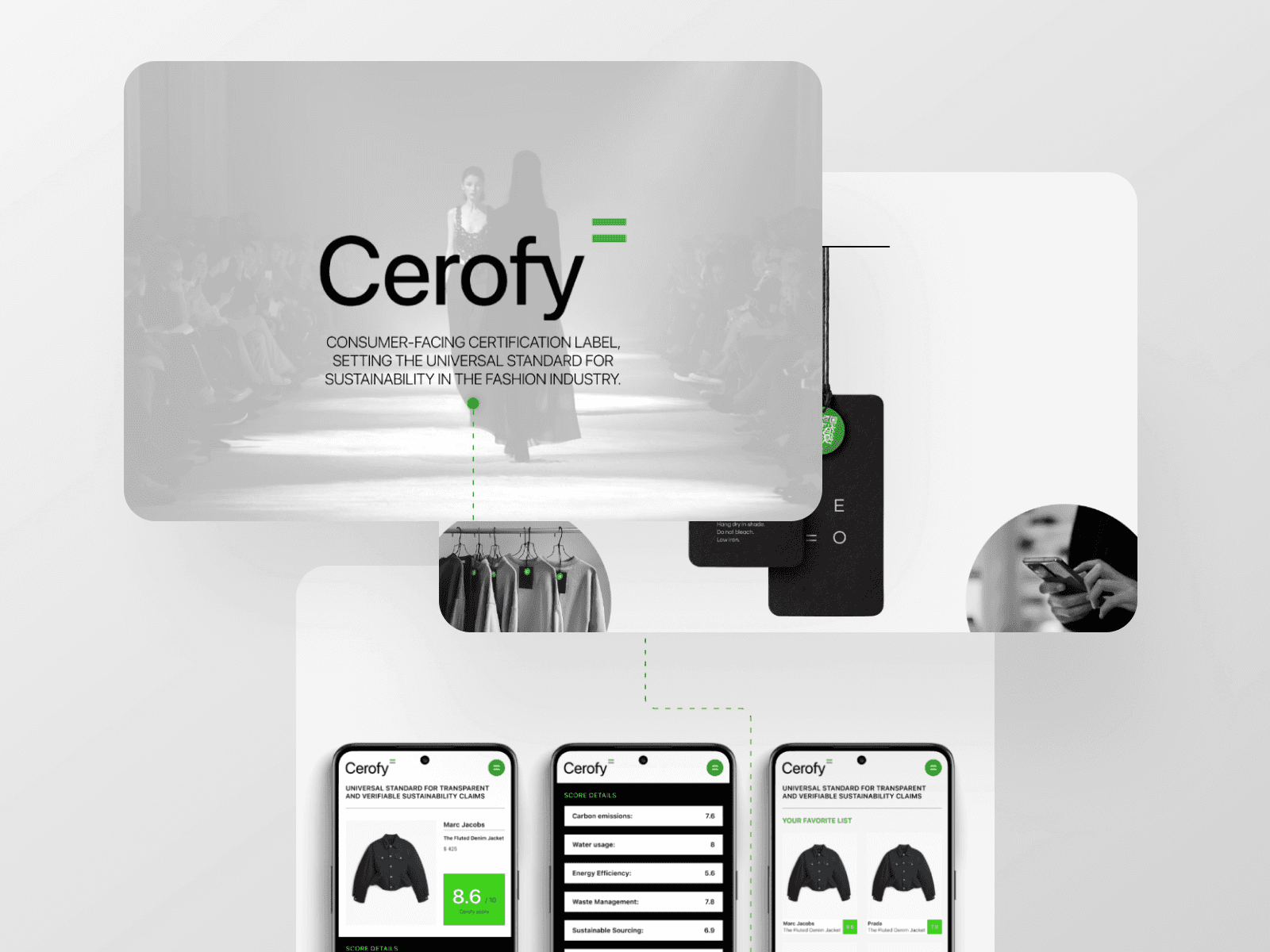 Website design and product UI/UX prototype for Cerofy by VaporAviator, showcasing sustainable branding and intuitive interfaces for eco-friendly tech solutions.