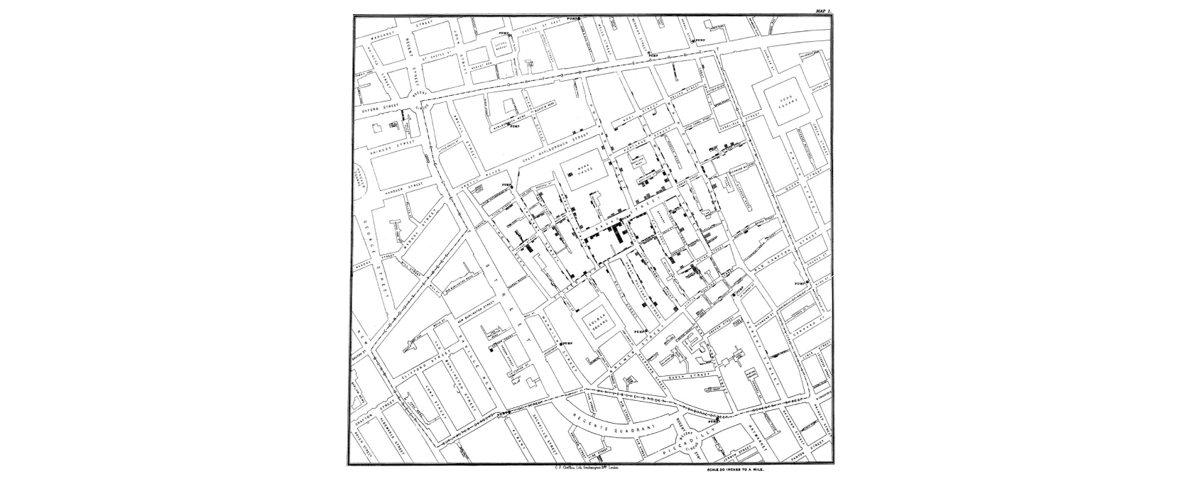 Original map made by John Snow in 1854. Cholera cases are highlighted in black, showing the clusters of cholera cases (indicated by stacked rectangles) in the London epidemic of 1854. The map was created in order to better understand the pattern of cholera spread in the 1854 Broad Street cholera outbreak, which Snow would use as an example of how cholera spread via the fecal-oral route through water systems as opposed to the miasma theory of disease spread.