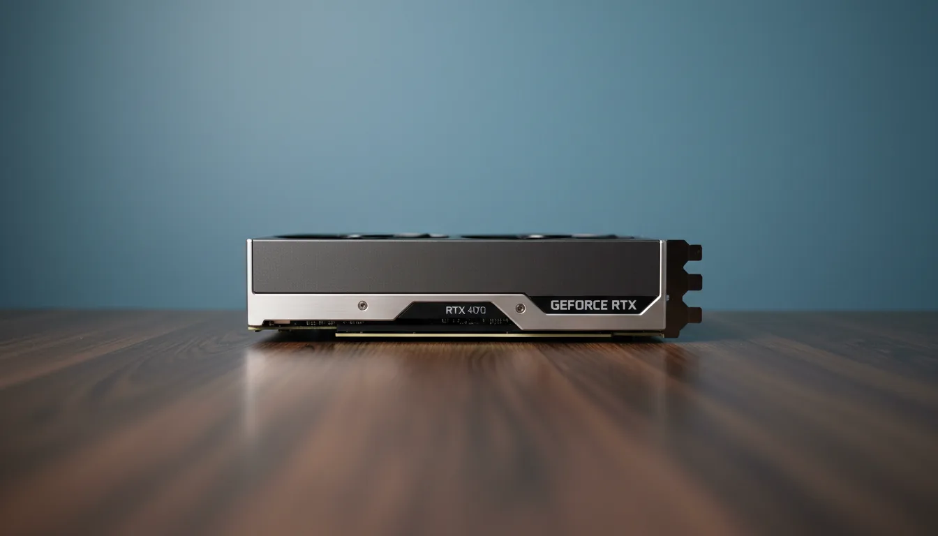 DSLR product photography of a modern NVIDIA RTX 4070 Founder's Edition graphics card resting on a dark wood grain table. Soft studio lighting highlights the matte dark grey shroud and the silver metallic accents of the frame. The camera is at eye-level, capturing the side profile of the GPU against a solid, muted blue background wall. The focus is razor-sharp on the hardware, with a shallow depth of field creating a soft blur on the wood texture in the foreground.
