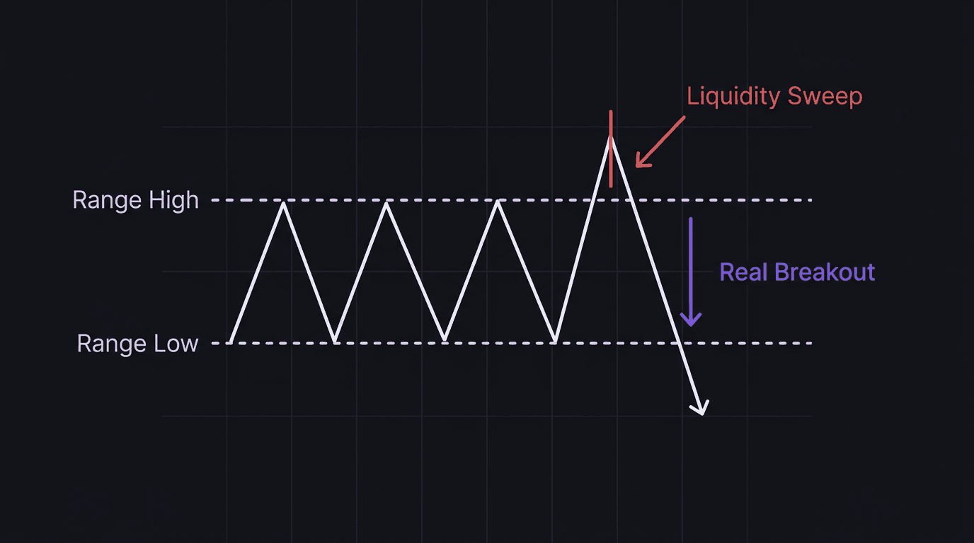 Diagram showing a consolidation range with a liquidity sweep above the range high followed by a reversal and real breakout below