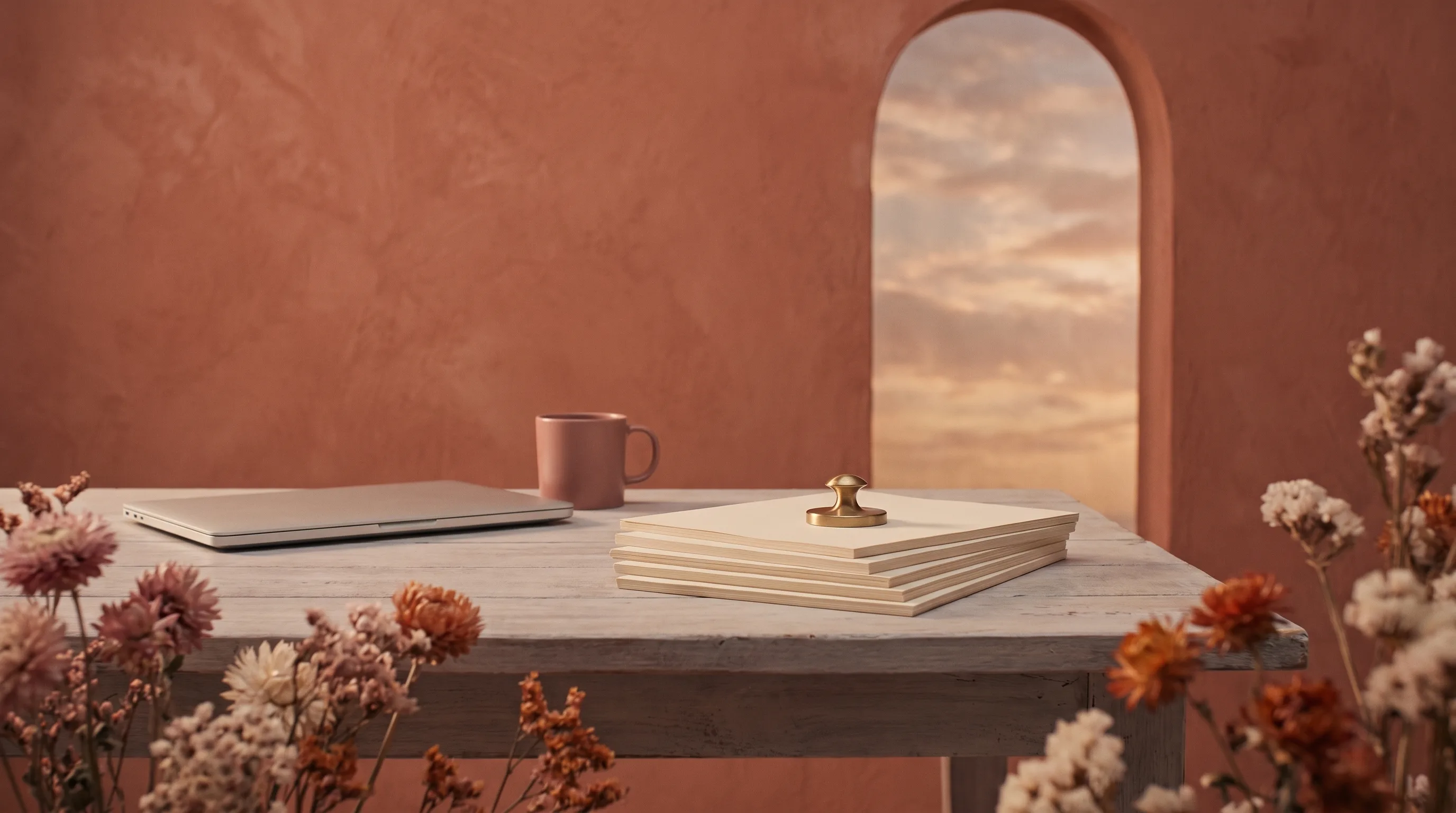 A squared stack of cream paper sheets under a brass paperweight on a weathered wooden table, beside a closed laptop and a ceramic mug
