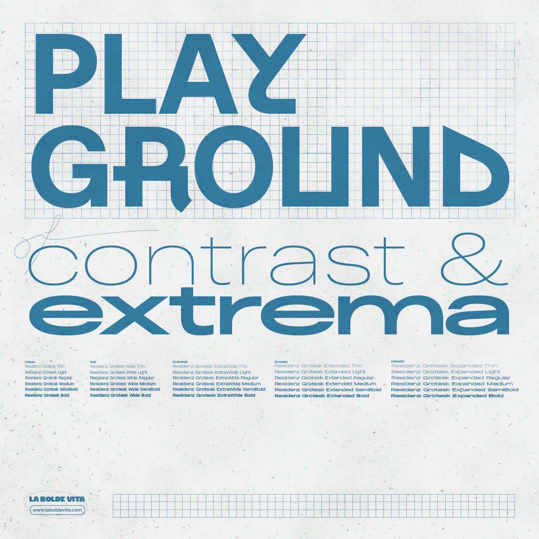 turquoise text on textured background listing all display weights and widths of Residenz Grotesk