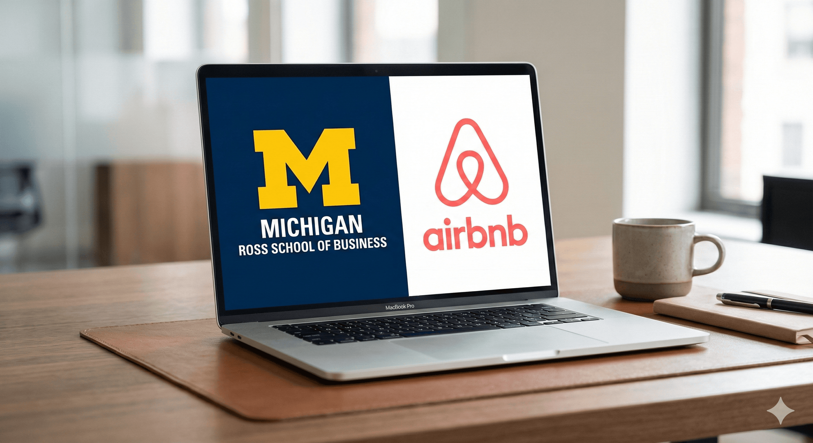 Michigan Ross School of Business and Airbnb logos displayed on laptop screen