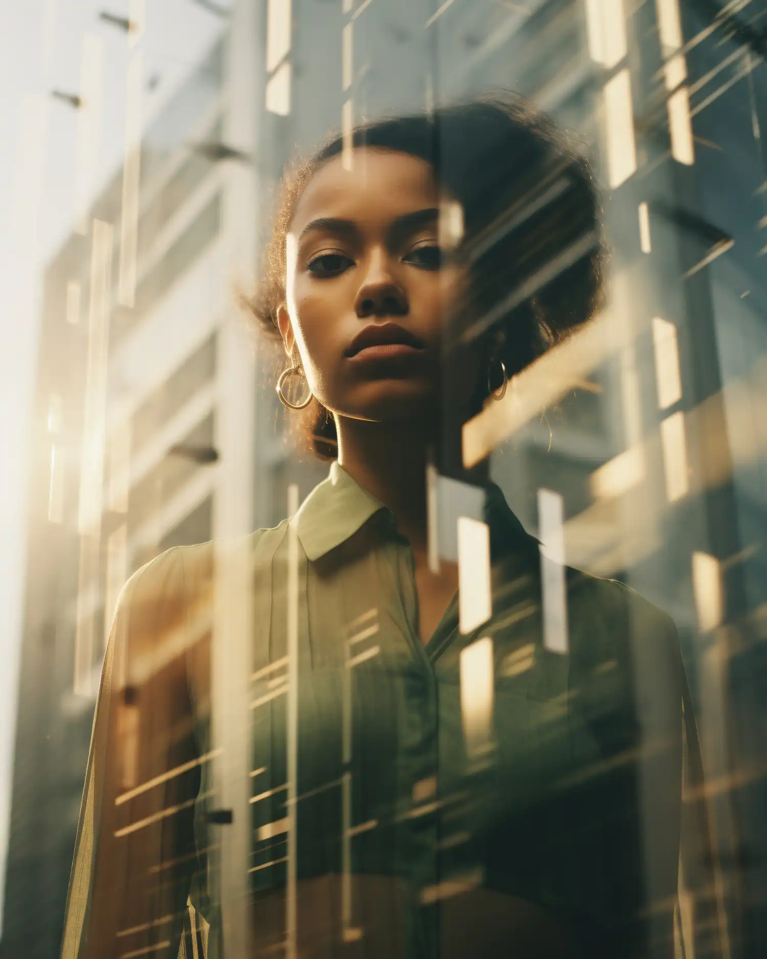 Woman standing behind reflective glass with city buildings visible.