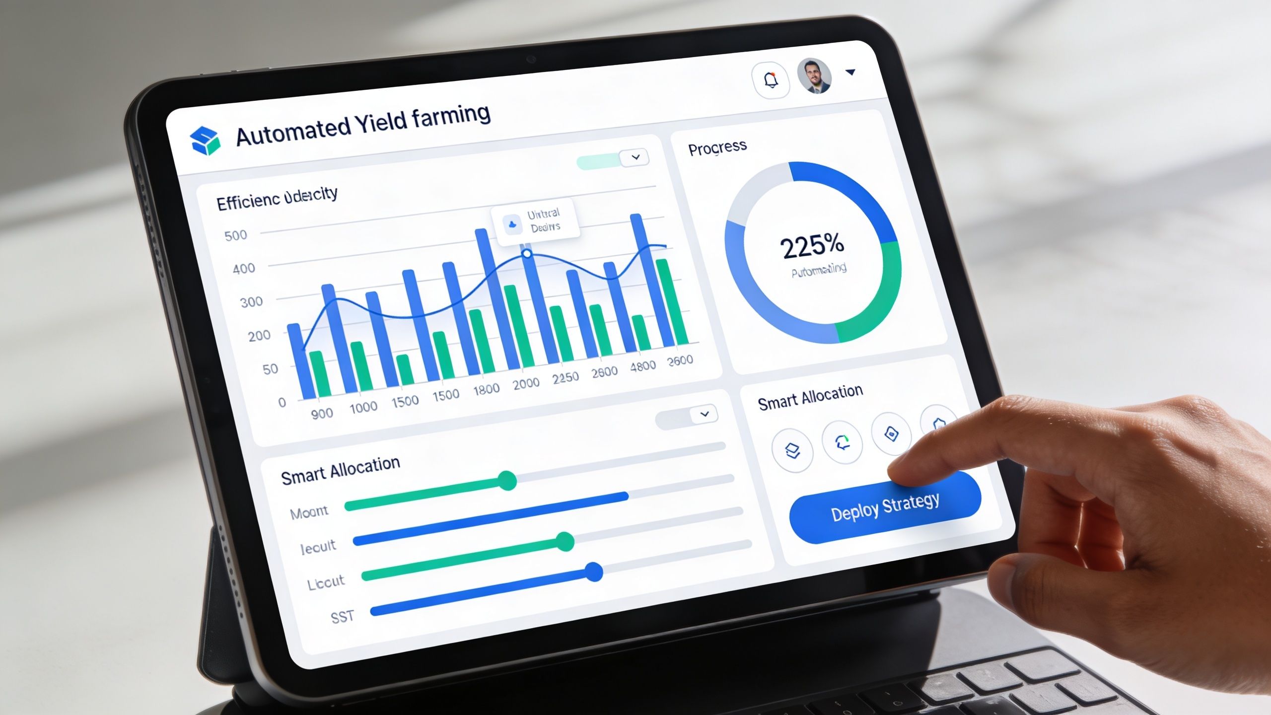 A person using a tablet to manage an automated yield farming financial dashboard with charts and settings.