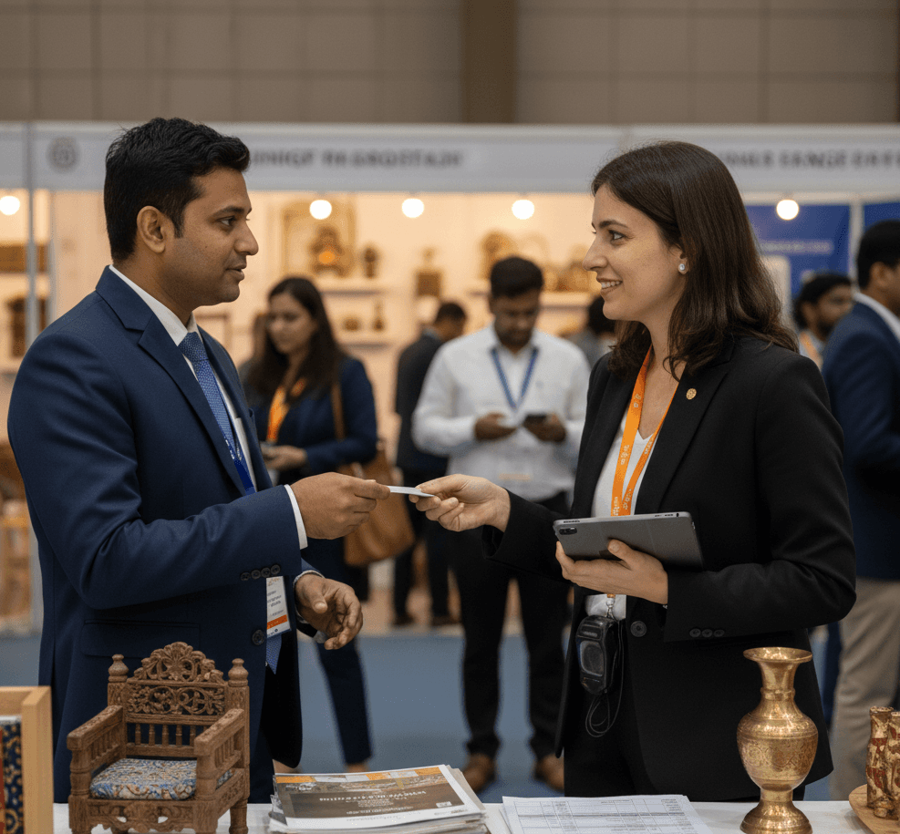 Handicrafts and furniture exhibitors at IHGF Delhi Fair 2026 with buyers capturing export leads using a business card manager