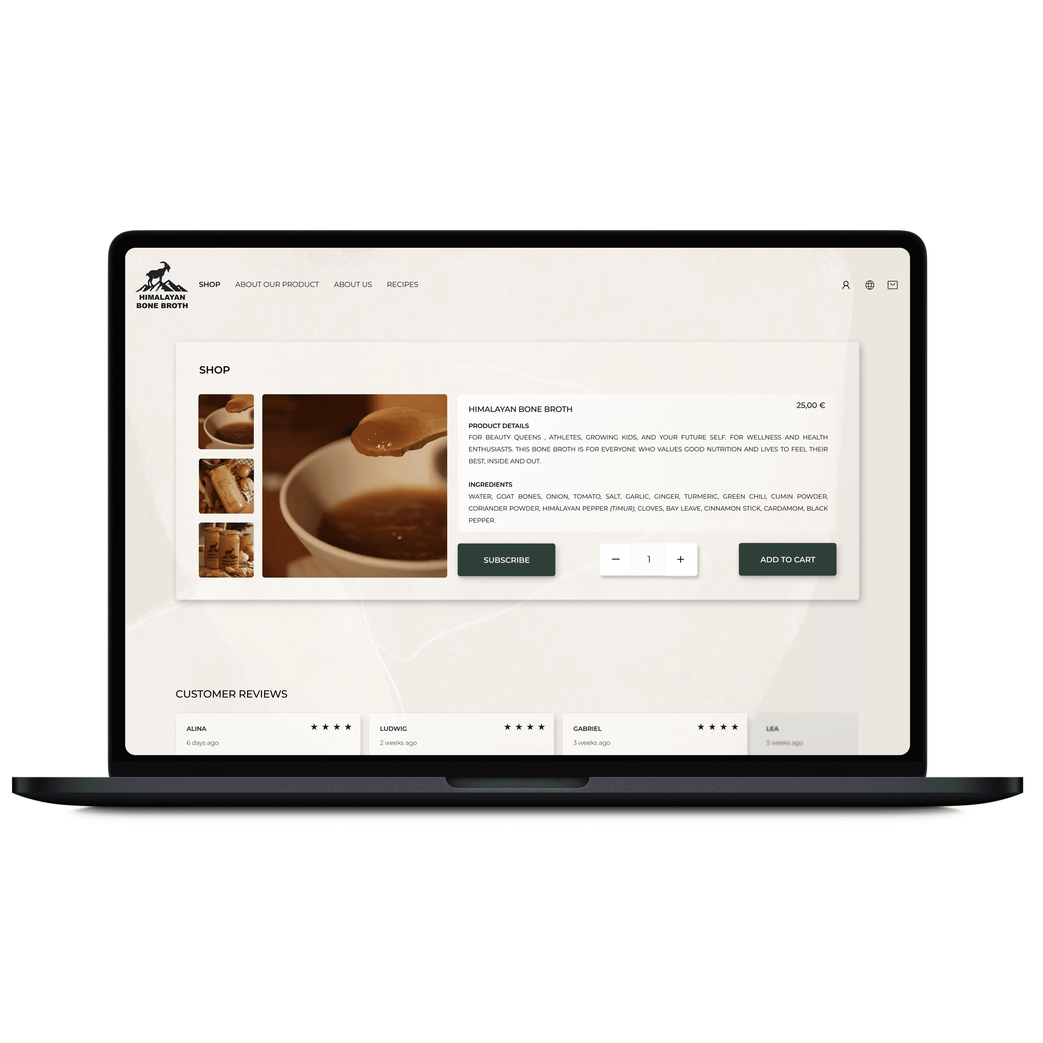 Laptop mockup of the Himalayan Bone Broth product page.