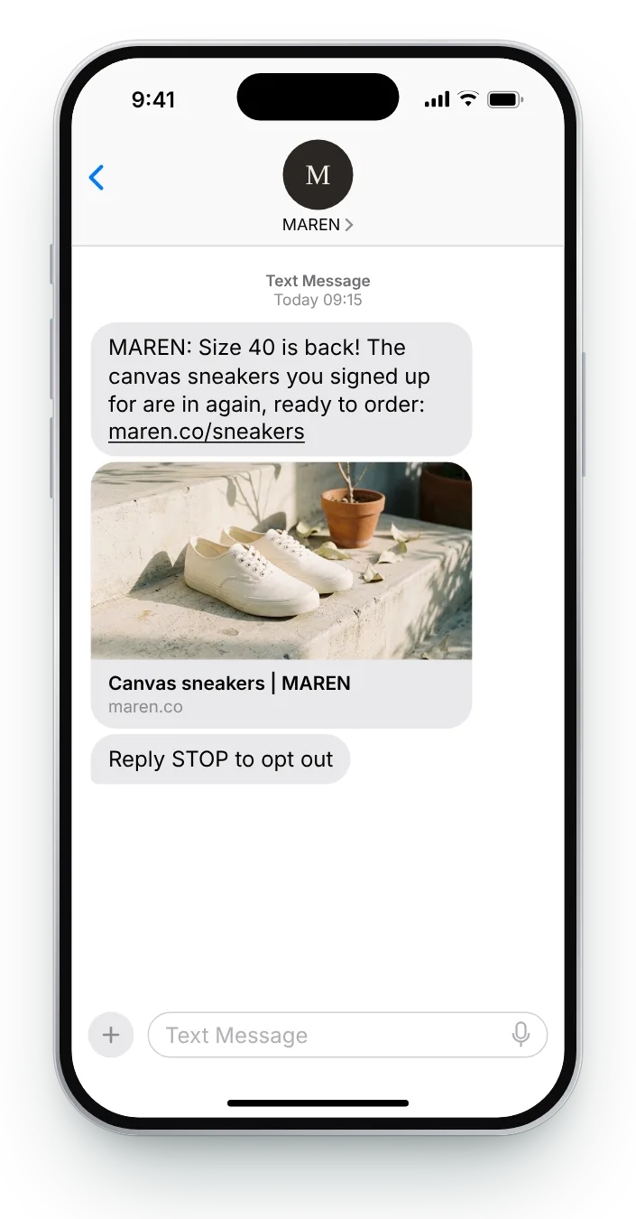 Size 40 has returned back in stock text on an iPhone