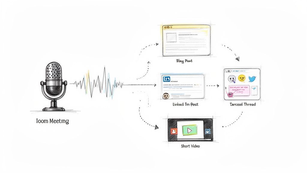 Diagram showing a Loom meeting's audio transforming into a blog post, LinkedIn post, short video, and carousel thread.