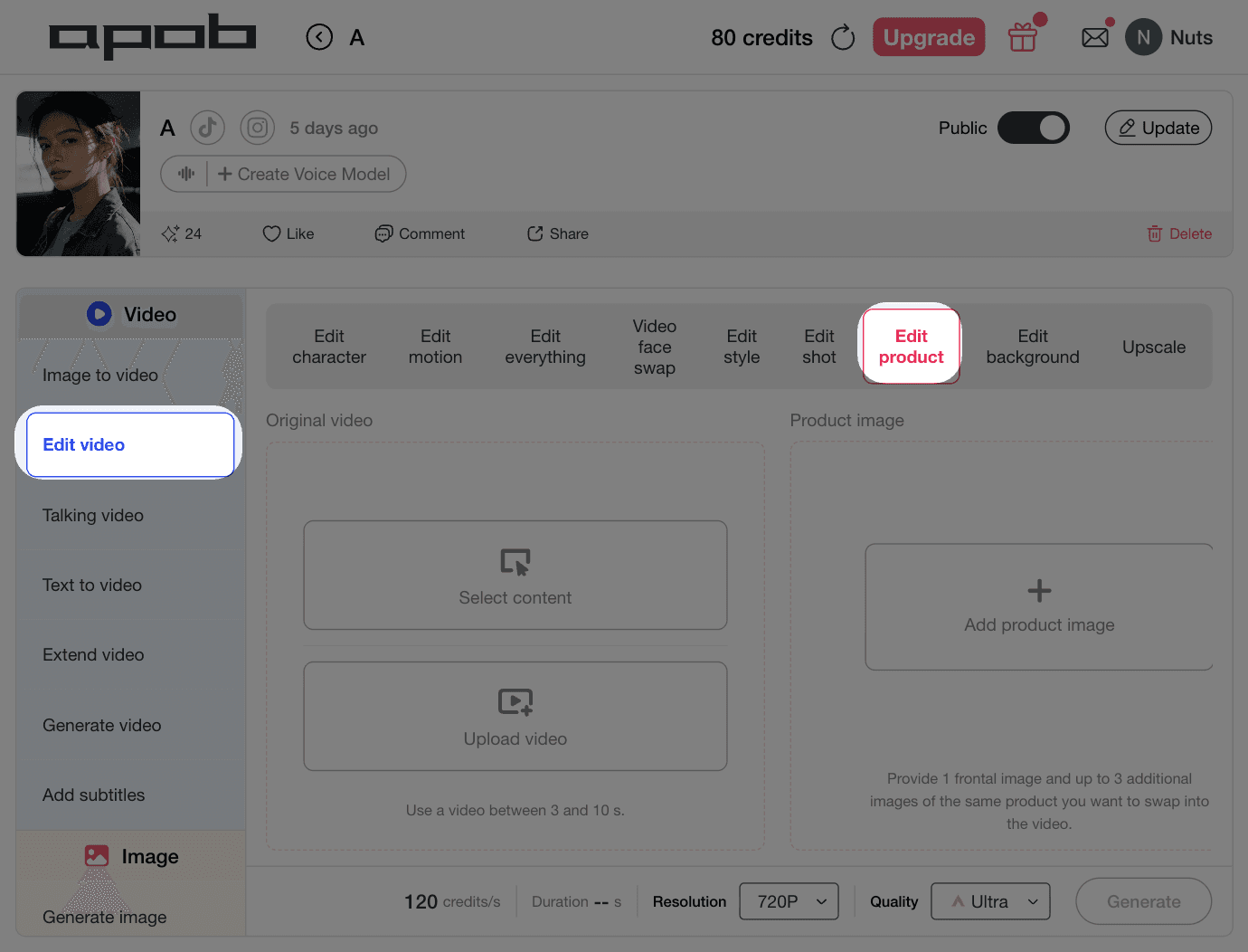 Interface APOB AI pour choisir un format publicitaire court, importer une vidéo originale et ajouter des images produit pour des annonces UGC.
