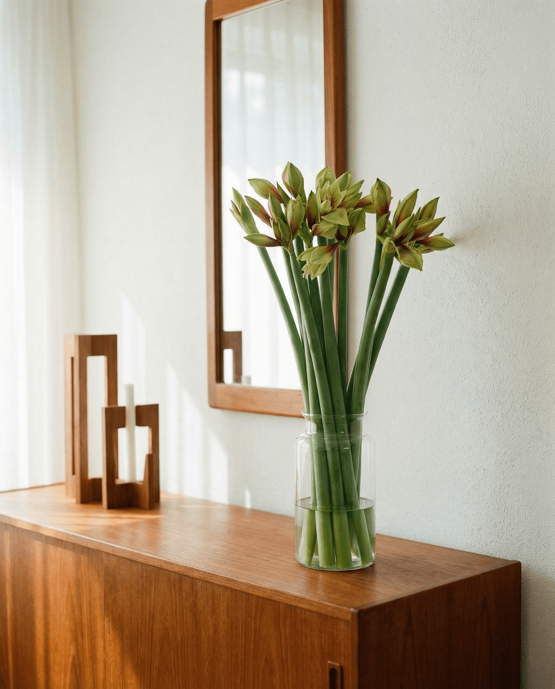 Close crop of flowers and reflective vessels