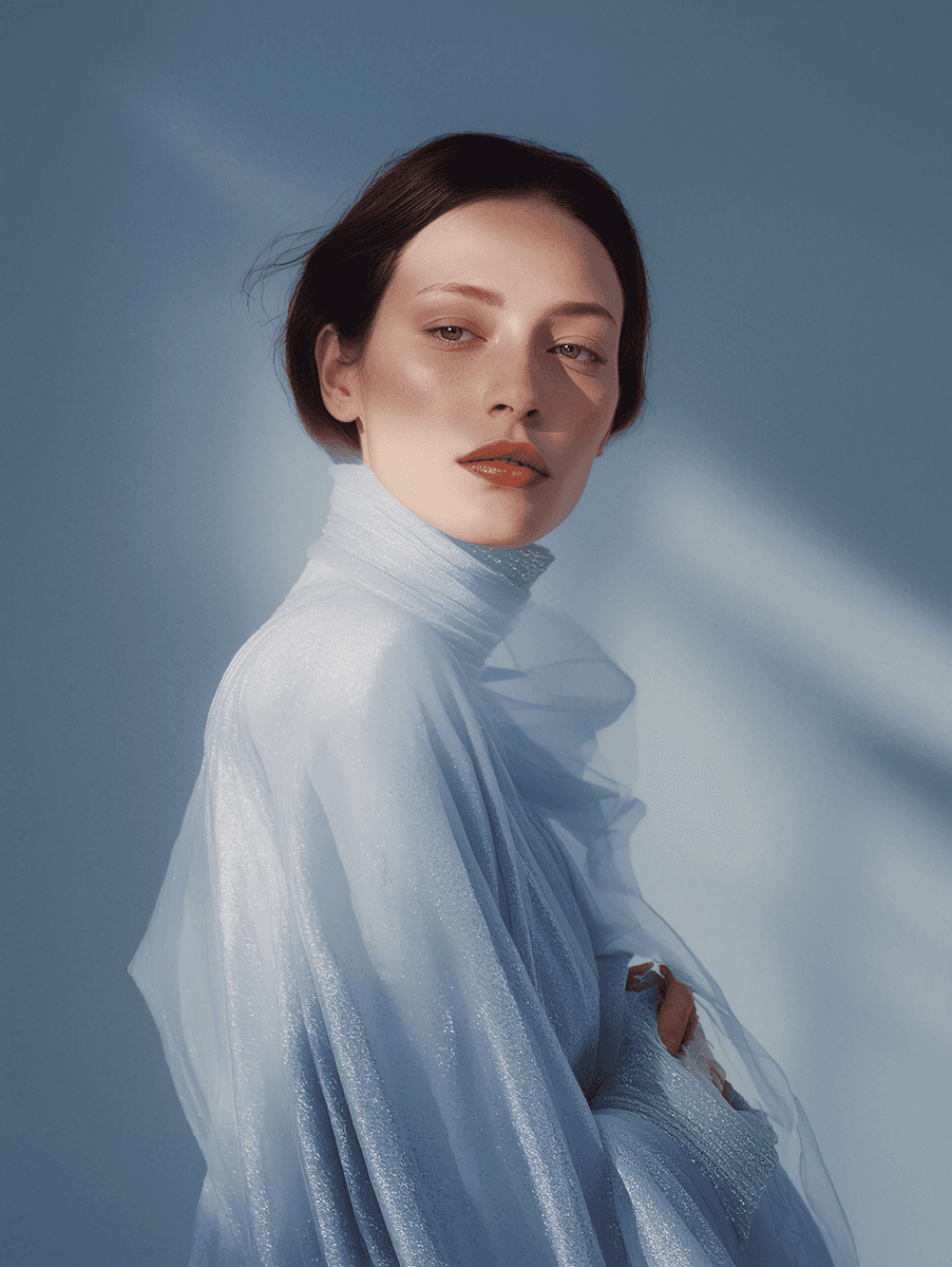 Portrait of a woman in a high-necked, shimmering light blue outfit against a soft blue background with shafts of light.
