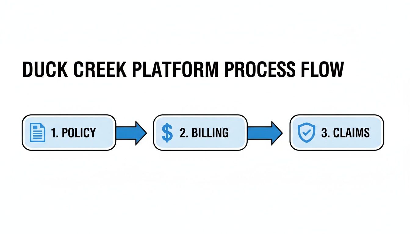 Duck Creek Platform process flow diagram showing three steps: Policy, Billing, and Claims with icons.