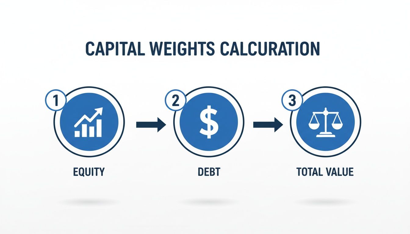 A three-step diagram illustrating capital weights calculation: Equity (chart), Debt (dollar sign), and Total Value (balance scale).