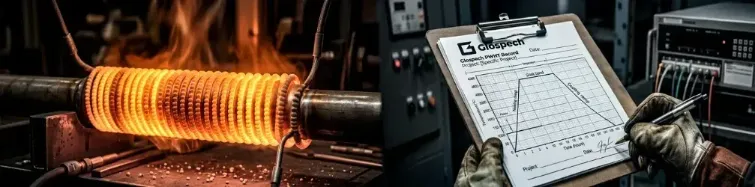 Split panel showing electric resistance heating coils on pipe weld joint and signed thermocouple chart with PWHT soak band record, Glospech Vereeniging