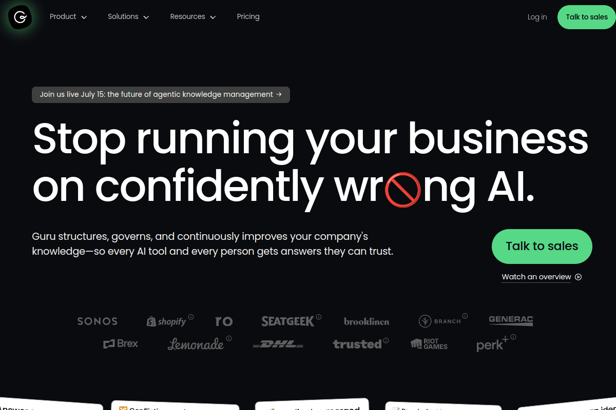 Guru homepage, knowledge management platform that surfaces verified answers in-workflow