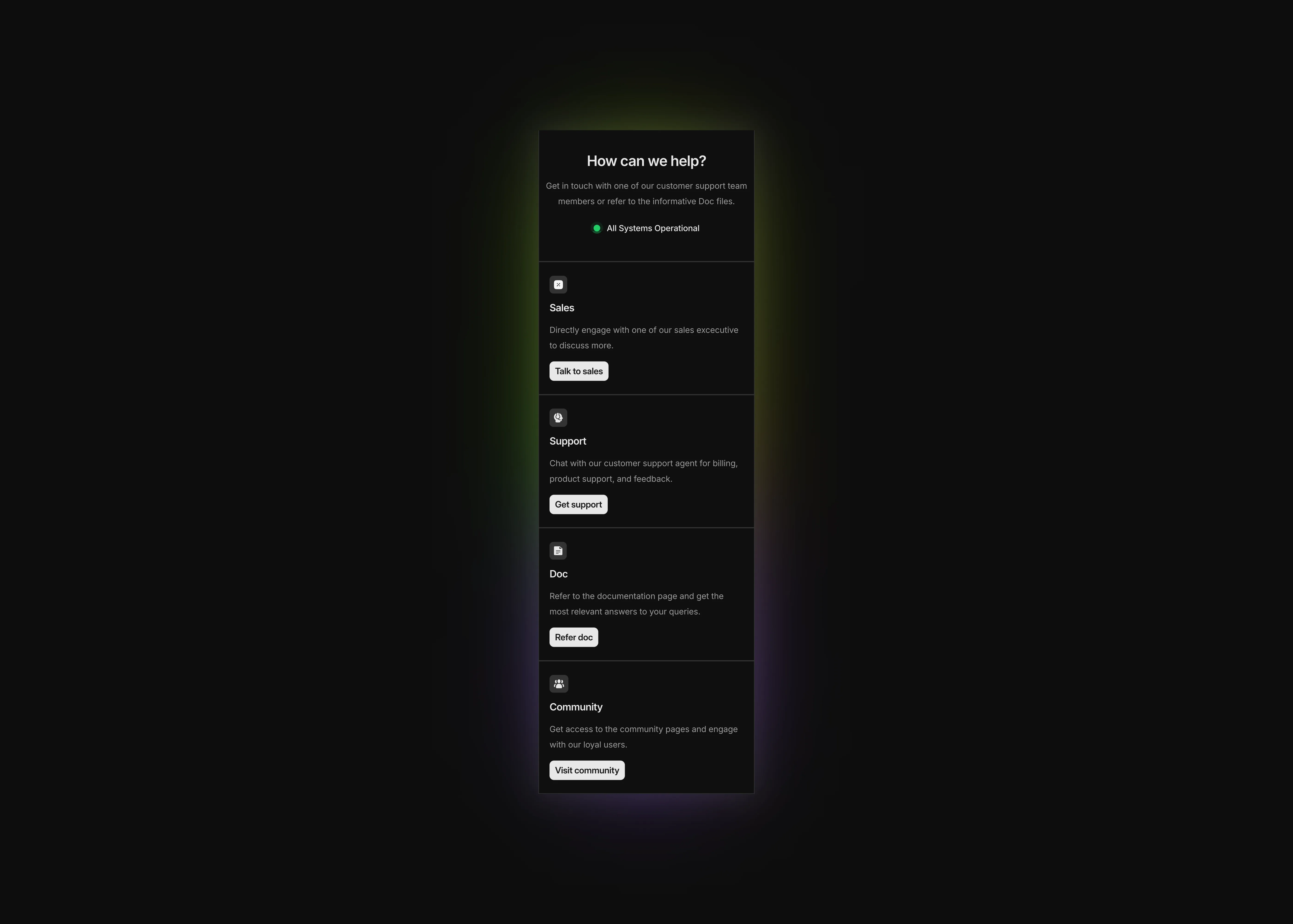A dark themed contact us page UI section in a grid style for mobile devices
