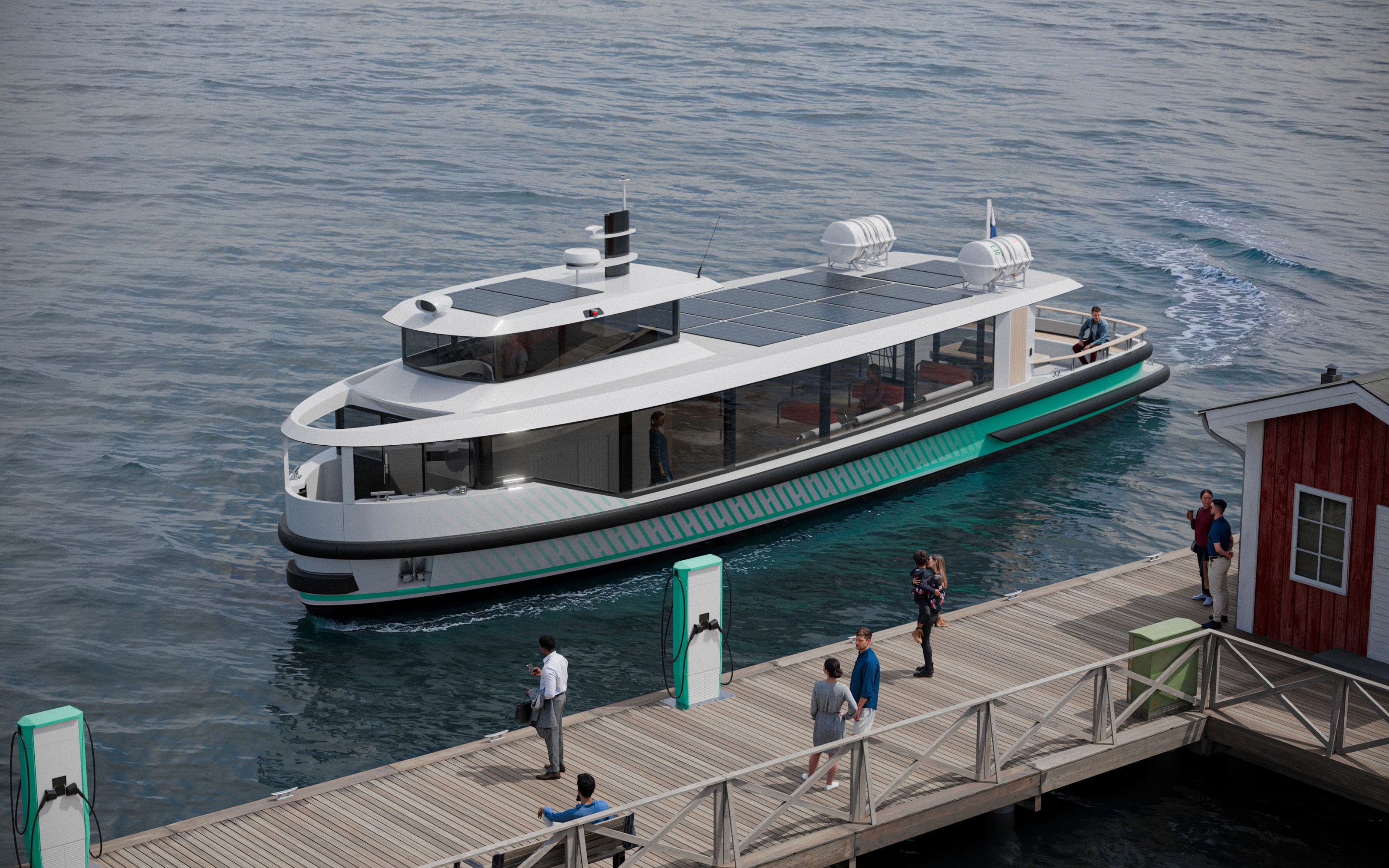 Rendering of a modern electric ferry boat docking at pier