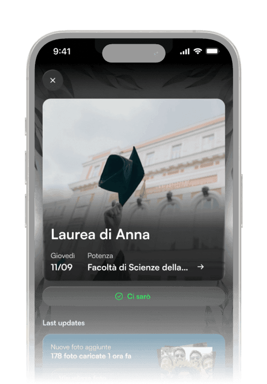 Schermata Togevent: dettagli evento e informazioni per gli invitati in un unico spazio