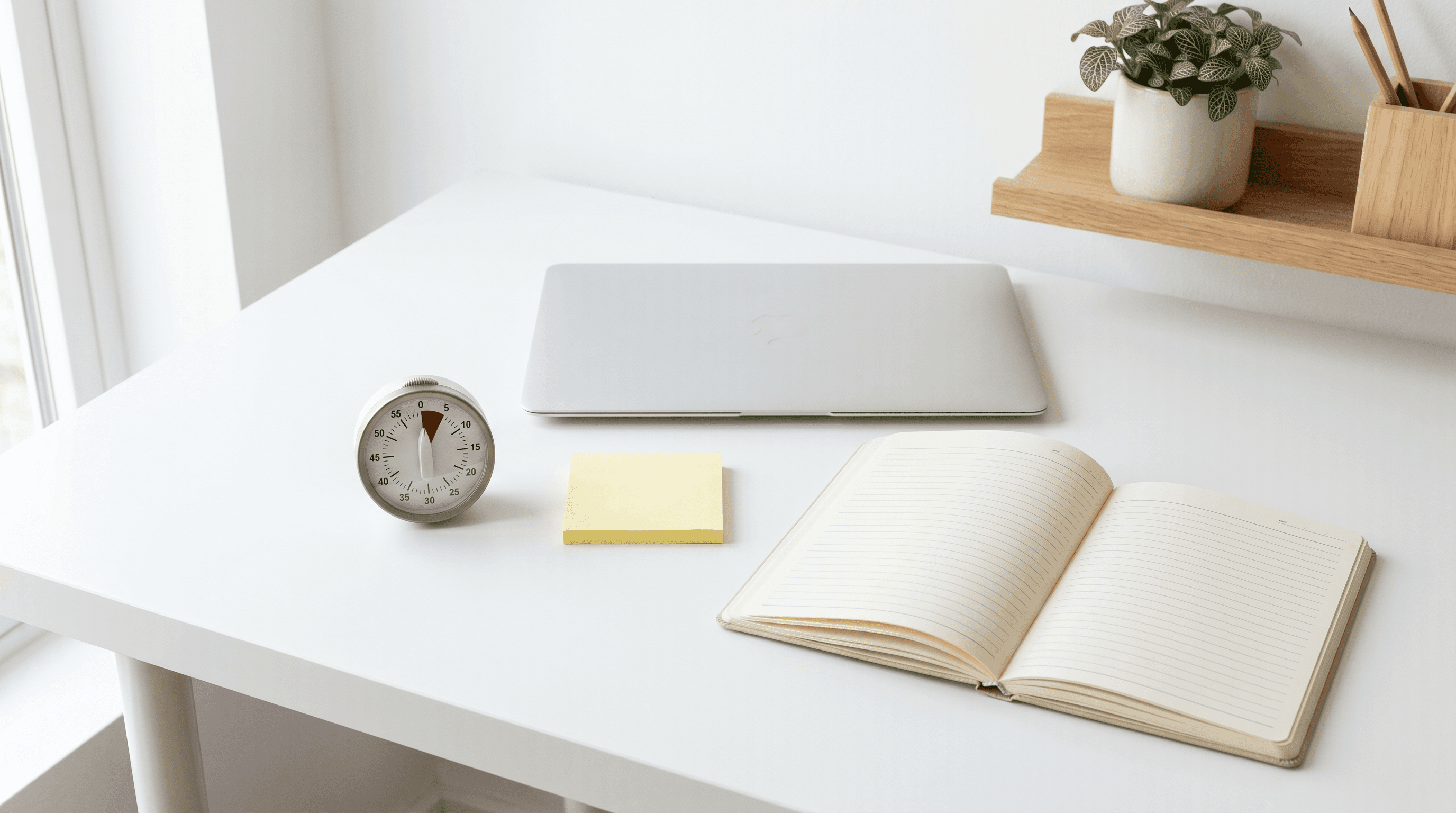 Small timer beside a sticky note and one open notebook