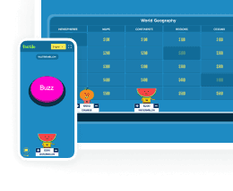 Factile game running on phone and tablet showing Jeopardy board with buzz button