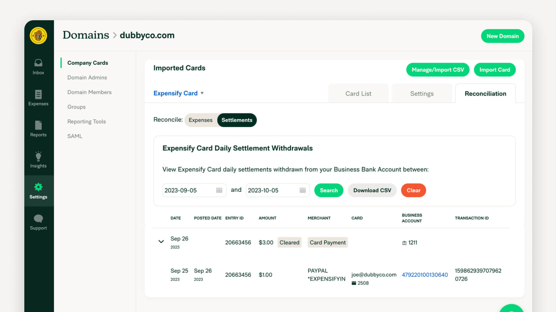 Expensify dashboard displaying expense reconciliation, imported corporate cards, transaction records, and settlement tracking.