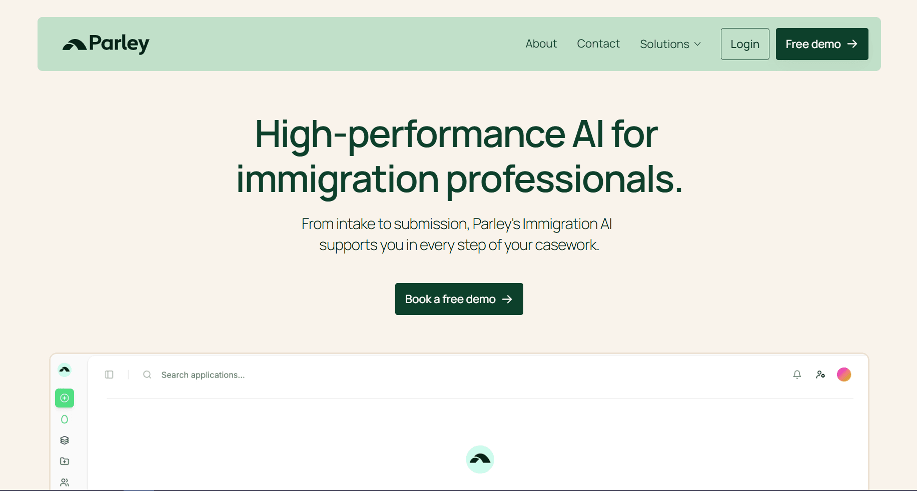 Homepage screenshot of Parley, an AI platform for immigration professionals, featuring a headline about high-performance immigration AI and a “Book a free demo” call-to-action.