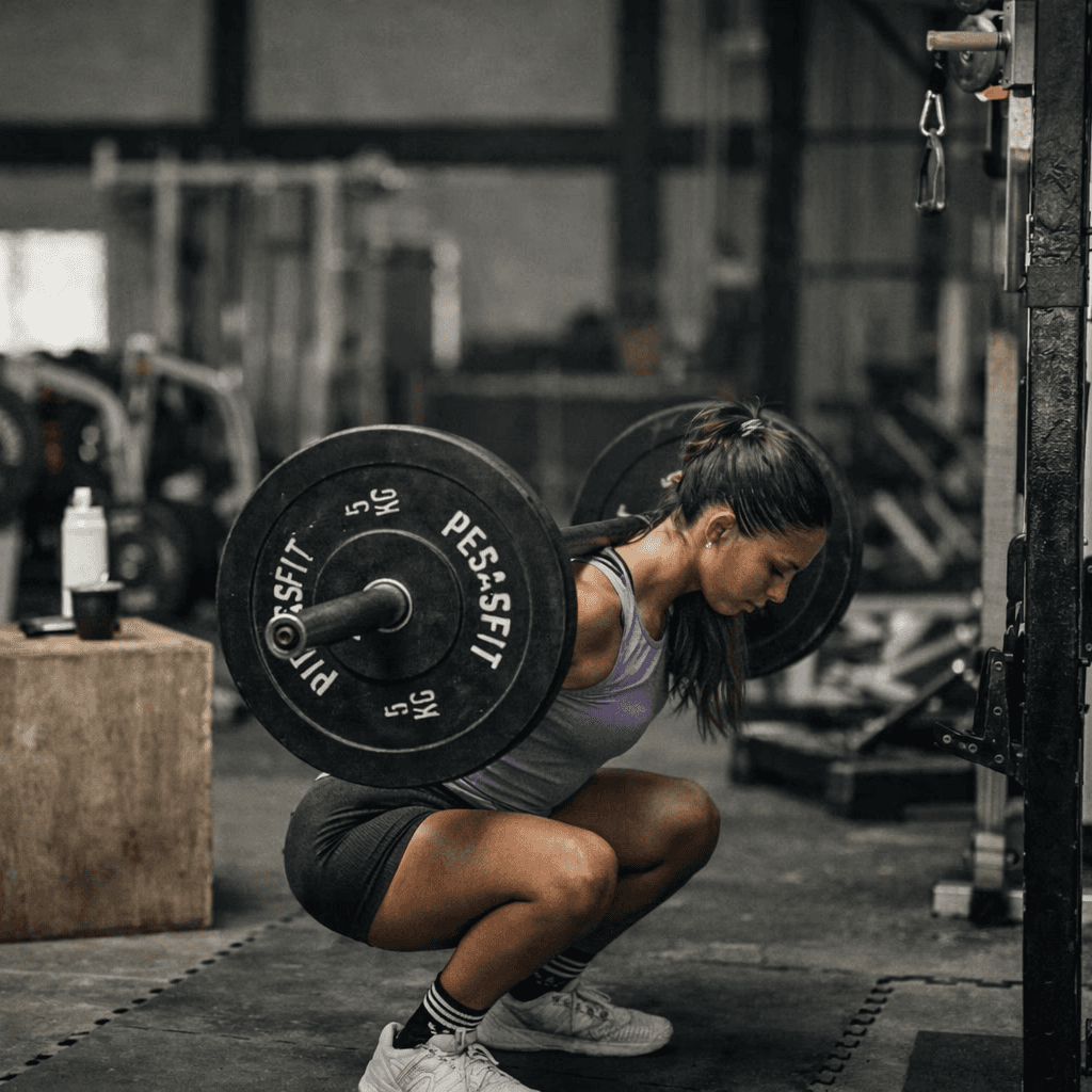 Atleta entrenando con equipamiento profesional PesasFit en gimnasio funcional, barras y discos diseñados para uso intensivo.