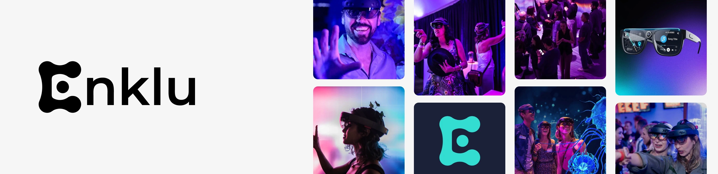 Enklu logo with photos of visitors wearing AR headsets at Verse Immersive holographic theater experiences.