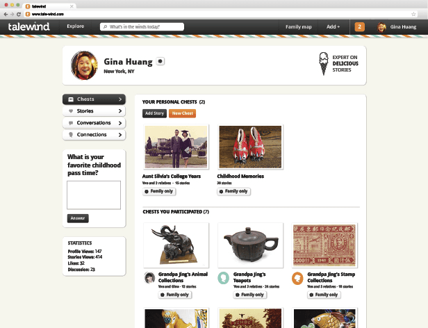 A screenshot of a website displays a user profile page titled “Gina Huang” from New York, NY. The page includes sections for “Chests,” “Stories,” “Conversations,” “Connections,” “What is your favorite childhood pass time?”, “Answer,” “Family only,” “Chests you participated in,” and “Family only.” The page shows 2 personal chests: “Aunt Silvia’s College Years” and “Childhood Memories.” The “Chests you participated in” section includes images of a ceramic elephant, a teapot, and a stamp collection. The website’s navigation bar includes “Explore,” “Family map,” and “Add +.”